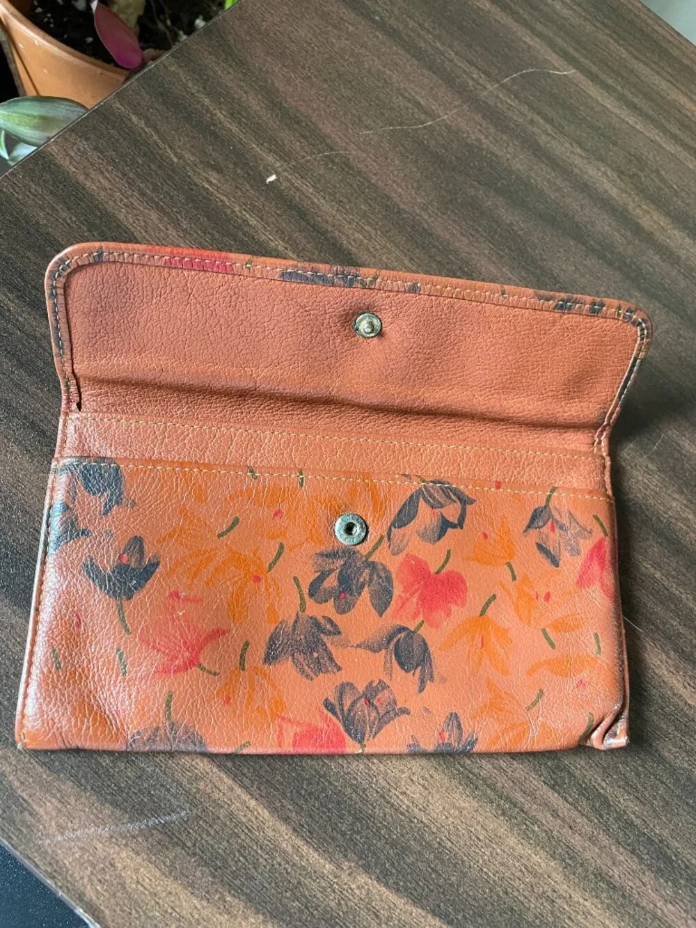 MUNDI Genuine Leather Orange Floral Wallet — Brazil Vintage Boho Checkbook Clutc